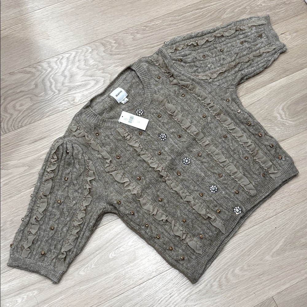 NWT MAEVE (XS) Short-Sleeve Embellished Ruffled Cardigan Sweater Taupe Stretch - Picture 11 of 14